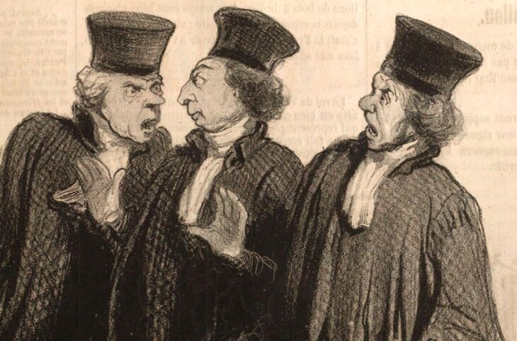 Litograph showing 3 judges in period costumes (1845-1858) arguing.
