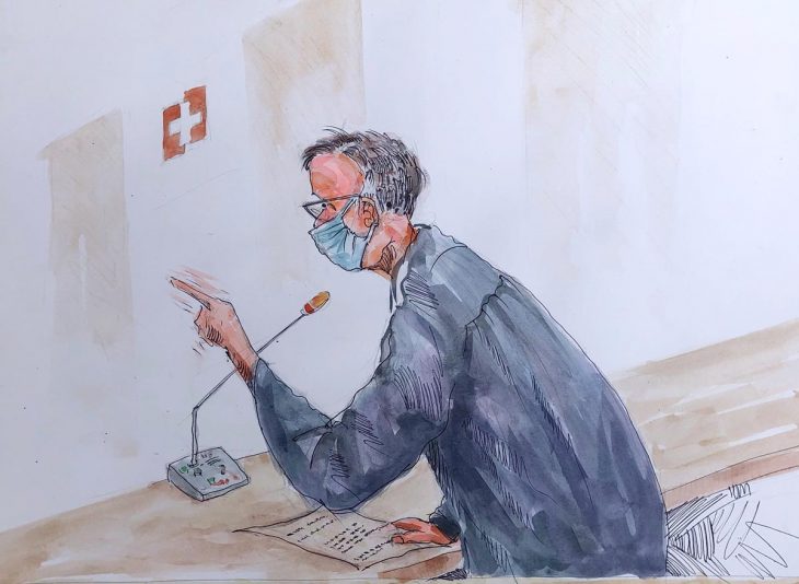 Dessin d'un avocat des victimes dans le procès Kosiah, en Suisse