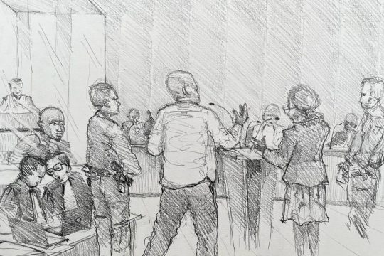 Pencil drawing of a courtroom in Paris, in the trial of Kunti Kamara, for crimes committed in Liberia. Another Liberian (living in Switzerland), Alieu Kosiah, was called to testify.