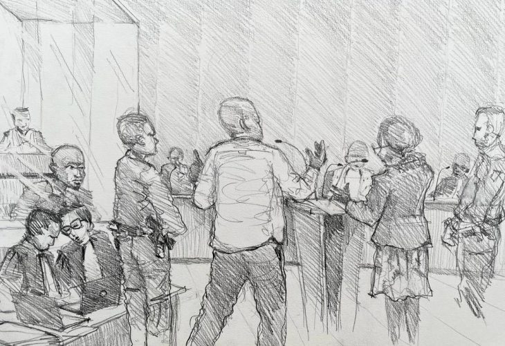 Pencil drawing of a courtroom in Paris, in the trial of Kunti Kamara, for crimes committed in Liberia. Another Liberian (living in Switzerland), Alieu Kosiah, was called to testify.