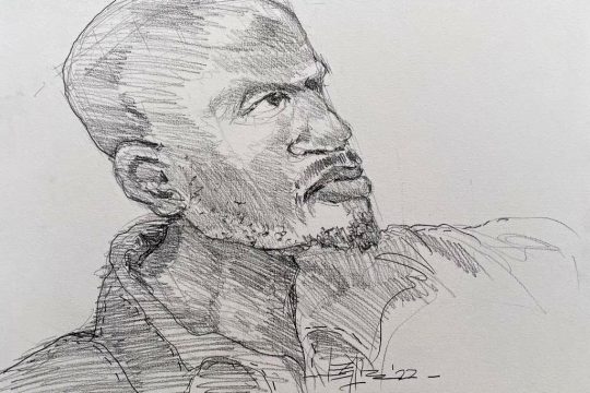 Drawing of Kunti Kamara during his conviction for crimes against humanity in France