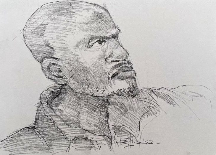 Drawing of Kunti Kamara during his conviction for crimes against humanity in France