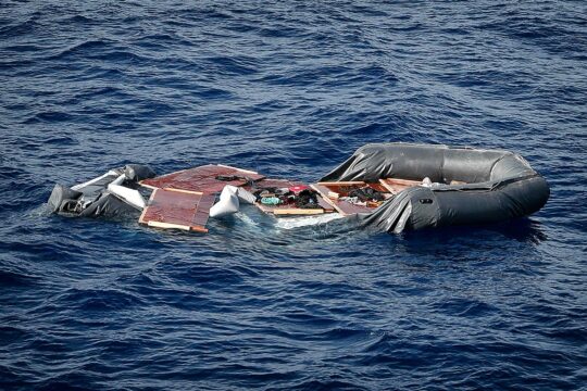Human trafficking in Libya: Eritrean national Amanuel Walid was sentenced to 20 years in prison by a Dutch court. Photo: a destroyed inflatable boat, originally carrying migrants from Libya, floats on the Mediterranean Sea.