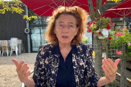 Mô Bleeker works for the UN on the Responsibility to Protect (R2P) that falls to Member States where mass crimes are perpetrated (genocide, war crimes, crimes against humanity). Photo: Mô Bleeker speaks (her hands are raised) during an interview with our journalist at a restaurant.