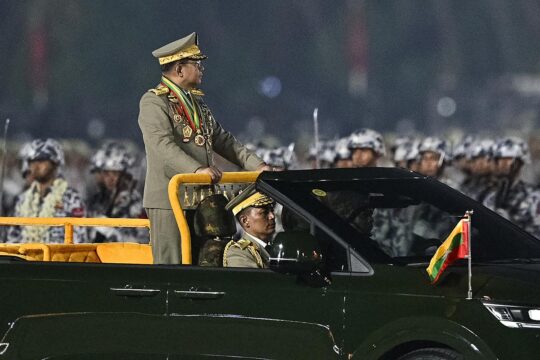 Min Aung Hlaing inspects the troops in Naypyidaw, Myanmar.