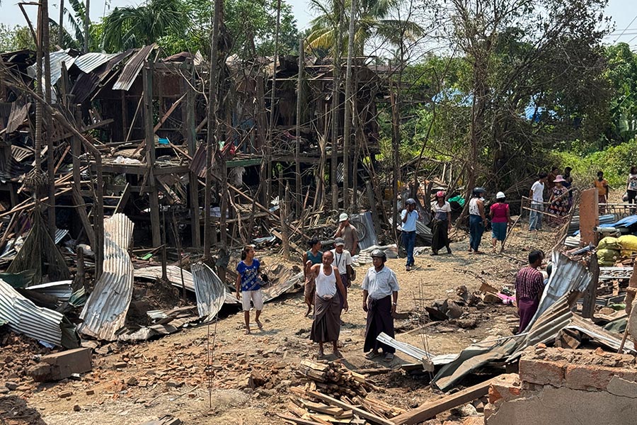 Homes destroyed by strikes carried out by the Burmese army in Rakhine State, western Myanmar.