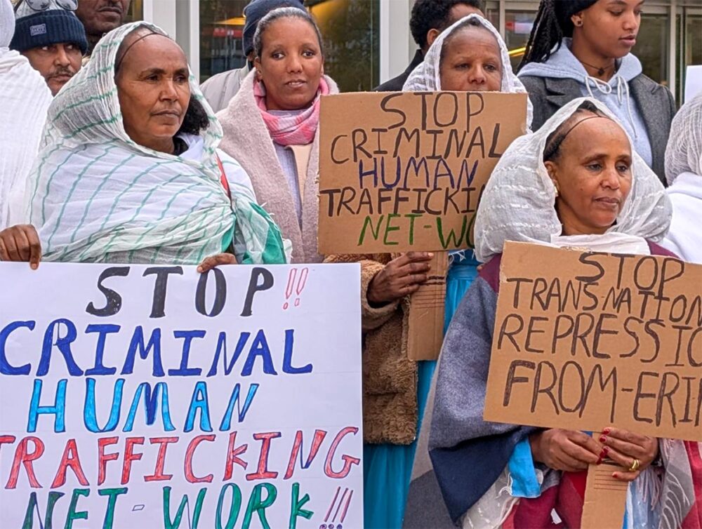 Eritrean women protest outside the court in Zwolle, Netherlands, on November 3. Photo: © Margherita Capacci / Justice Info Human trafficking in Libya originating in Eritrea: a trial in the Netherlands. Photo: Eritrean women protest outside the court in Zwolle during the Walid trial.
