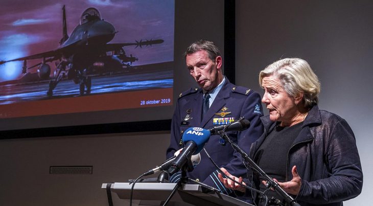 Colonel aviator Peter Tankink and Dutch Defense Minister Ank Bijleveld hold a press conference in The Hague on November 2019, about the deadly attack by a Dutch F-16 on Hawija, Iraq, in 2015.