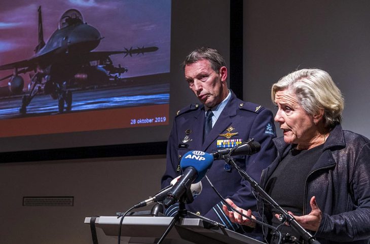 Colonel aviator Peter Tankink and Dutch Defense Minister Ank Bijleveld hold a press conference in The Hague on November 2019, about the deadly attack by a Dutch F-16 on Hawija, Iraq, in 2015.