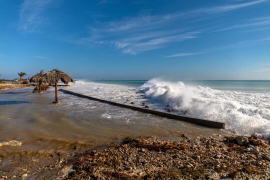 The island of Bonaire is suing the Netherlands (location of the trial) for its inaction on global warming. Photo: a beach on Bonaire submerged by waves.