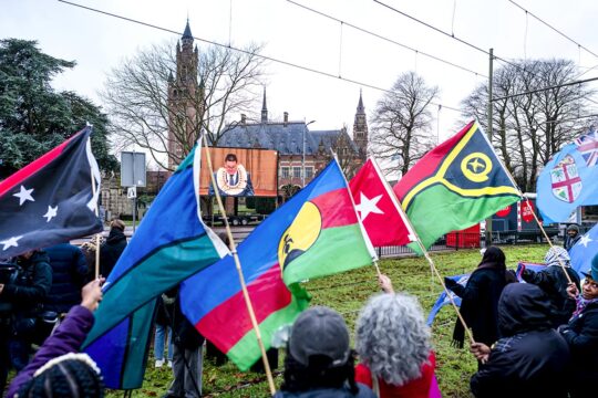 Climate justice at the International Court of Justice (ICJ) in The Hague (Netherlands). Photo: Demonstrators wave flags in front of the Peace Palace, calling on states to take responsibility for global warming.