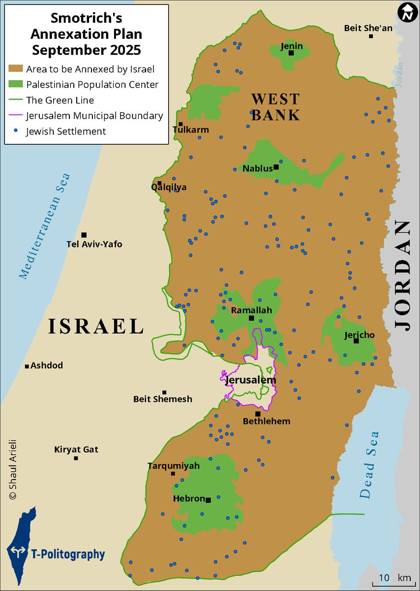 Carte représentant les projets du ministre des Finances israélien Bezalel Smotrich visant l'annexion de 82% des terres de Cisjordanie (Palestine).