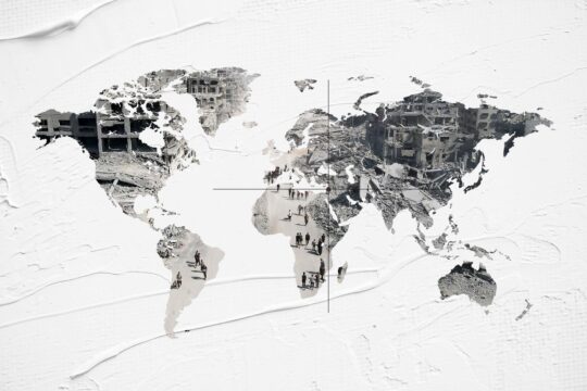 Justice for Gaza: what are the various initiatives for justice for Gaza around the world, at the national and international levels (via the ICC, the ICJ, and the UN)? Image: world map with a photo of a completely destroyed street in Gaza, seen from the sky, superimposed on it.