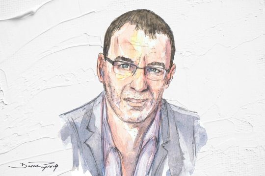 Portrait (dessin) de Philip Grant, directeur de l’ONG Trial International, spécialisé dans la justice internationale, surtout sur les procès de « compétence universelle ». Granf entretien avec Justice Info.