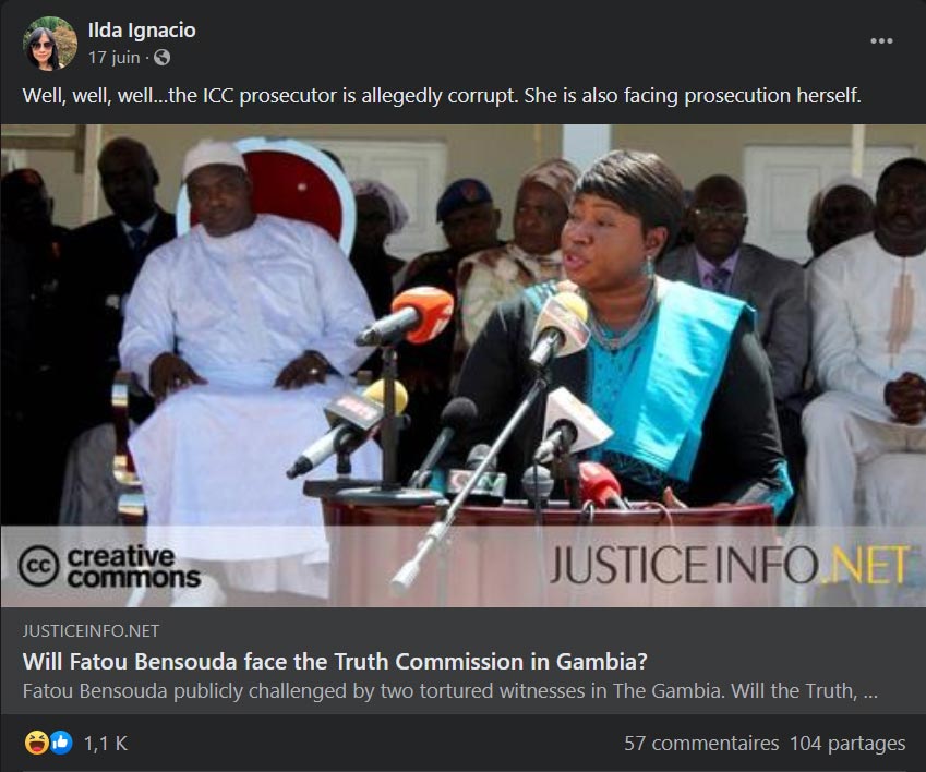 Screenshot of a Facebook post by "Ilda Ignacio" with a comment and a link to our article about Fatou Bensouda.