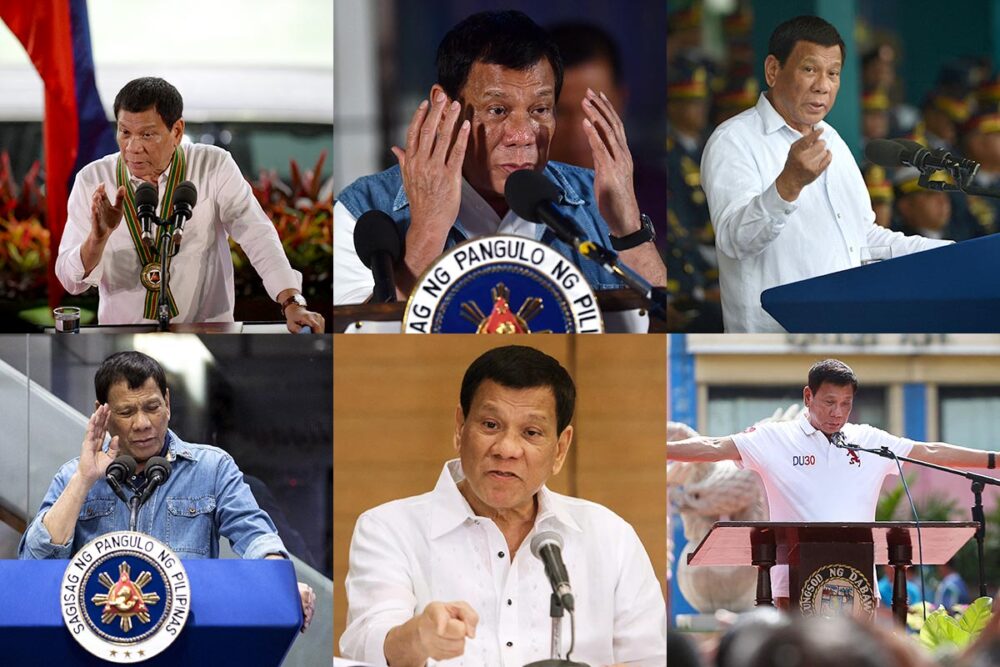 Photos de Rodrigo Duterte prononçant ses discours lorsqu’il était président des Philippines et, auparavant, maire de la ville de Davao. La semaine passée, les procureurs de la Cour pénale internationale ont présenté aux juges un montage de clips vidéo dans lesquels, selon eux, son langage violent et hyperbolique incitait les forces de l’ordre à tuer. Photos : © AFP (montage par Justice Info) Rodrigo Duterte (ex-président des Philippines) sera-t-il jugé devant la Cour pénale internationale (CPI) pour crimes contre l'humanité ? Image : montage de 6 photos montrant Duterte en train de délivrer des discours aux Philippines.