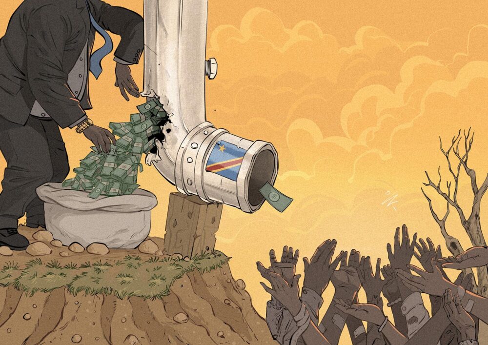 Illustration: © Edizon Musavuli for Justice Info A scandal is raging in the Democratic Republic of the Congo (DRC). The two ‘reparations’ funds set up for victims of mass crimes, Frivao and Fonarev, are accused of corruption and embezzlement. Illustration: a large pipe dispensing banknotes into hands held aloft is torn open by a businessman who collects the notes spilling out of the hole.