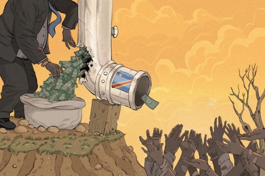 A scandal is raging in the Democratic Republic of the Congo (DRC). The two ‘reparations’ funds set up for victims of mass crimes, Frivao and Fonarev, are accused of corruption and embezzlement. Illustration: a large pipe dispensing banknotes into hands held aloft is torn open by a businessman who collects the notes spilling out of the hole.