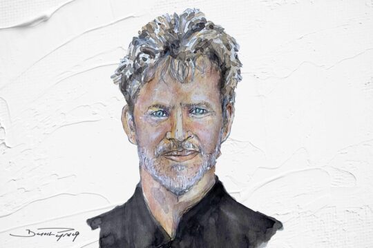 Richard Rogers, a human rights lawyer, answers questions from Thierry Cruvellier (Justice Info) regarding the sanctions imposed by the US government on the International Criminal Court (ICC) and various NGOs. Illustration: portrait of Richard Rogers (watercolour).