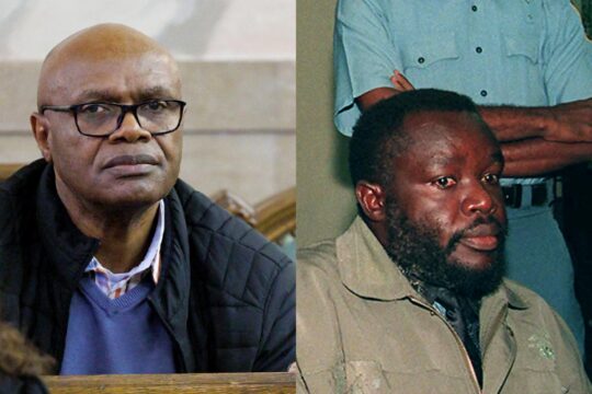 Procès rwandais en Belgique - Emmanuel Nkunduwimye, accusé, lâche Georges Rutaganda, accusé également d'avoir participé au génocide des Tutsis au Rwanda en 1994. Photo : 2 portraits côté à côte.