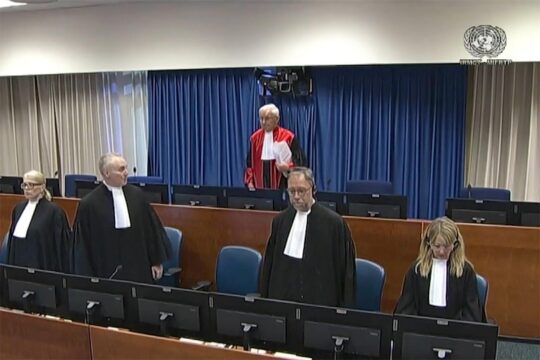 End of a hearing before the IRMCT, in The Hague, the International Residual Mechanism for Criminal Tribunals for Rwanda and the former Yugoslavia (ICTR and ICTY). In the background, Judge Iain Bonomy.