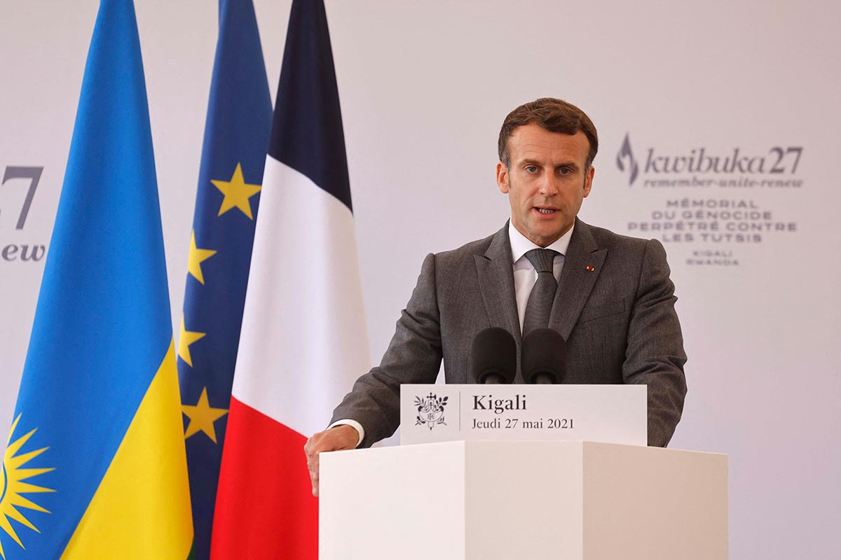 Emmanuel Macron delivers a speech in Kigali (Rwanda)