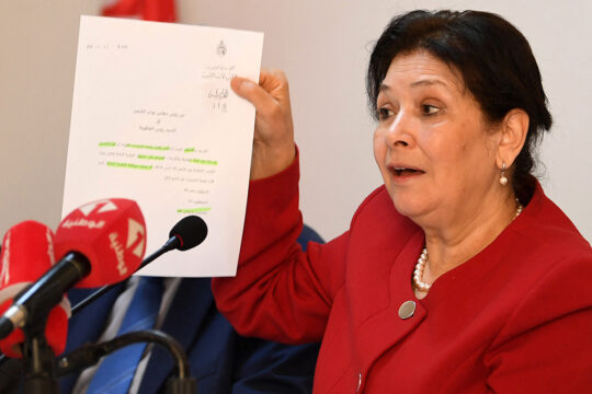 The former president of the Truth and Dignity Commission (IVD), Sihem Bensedrine (pictured here at a 2018 press conference) is now being prosecuted for 