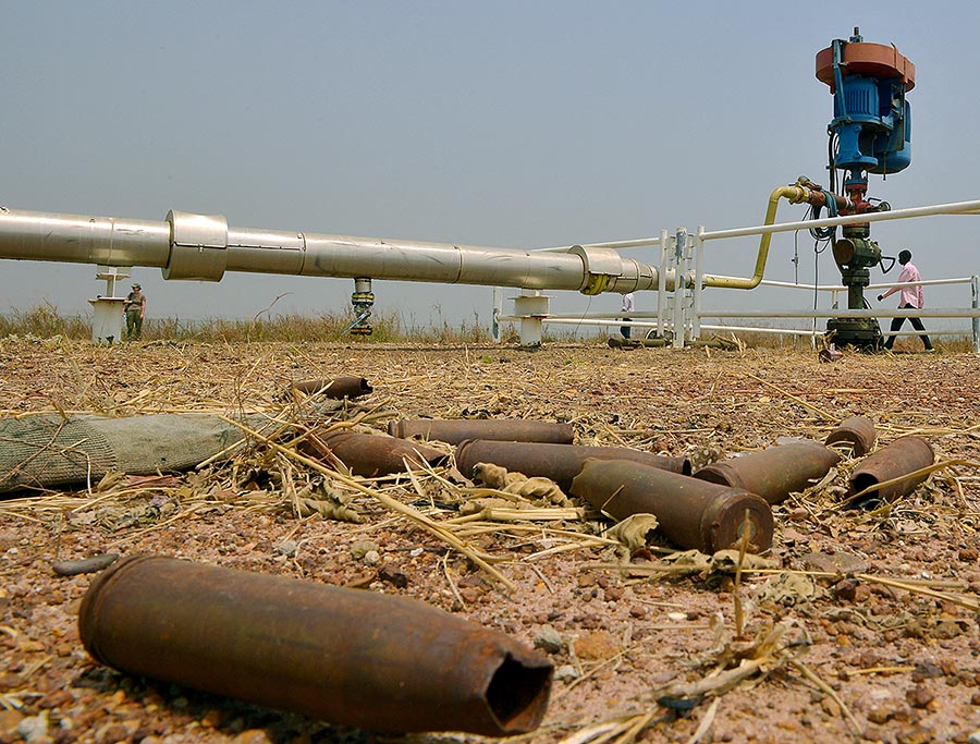 Spent ammunition littering the ground at an abandoned oil treatment facility in Thar Yath, South Sudan.