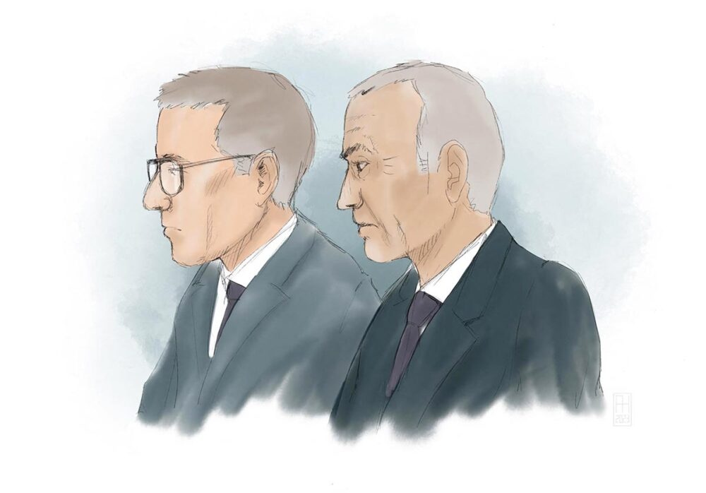 Alex Schneiter and Ian Lundin are on trial in Sweden for alleged complicity in war crimes in Sudan. Their lawyers are seeking to undermine the prosecution's case (sources and investigation). Courtroom drawing.