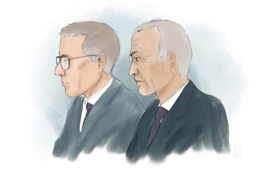 Alex Schneiter and Ian Lundin are on trial in Sweden for alleged complicity in war crimes in Sudan. Their lawyers are seeking to undermine the prosecution's case (sources and investigation). Courtroom drawing.