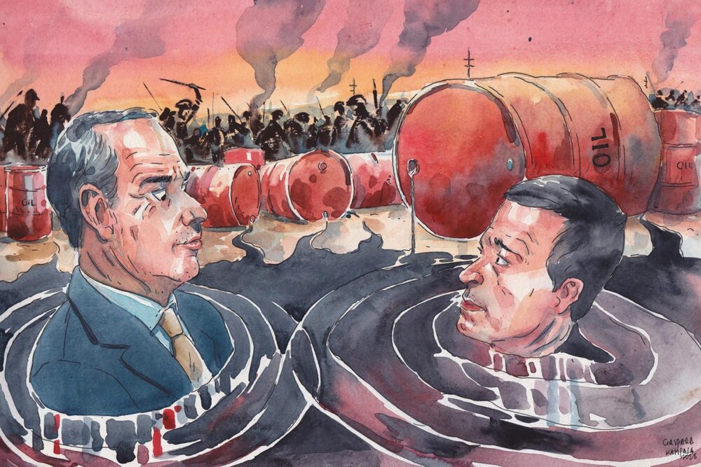 Au procès Lundin qui a lieu en Suède, deux anciens dirigeants de cette compagnie pétrolière sont jugés pour des allégations de complicité dans des crimes de guerre commis au Soudan. Illustration : Ian Lundin et Alex Schneiter sont noyés dans une marre de pétrole. En arrière-plan, des conflits font rage.