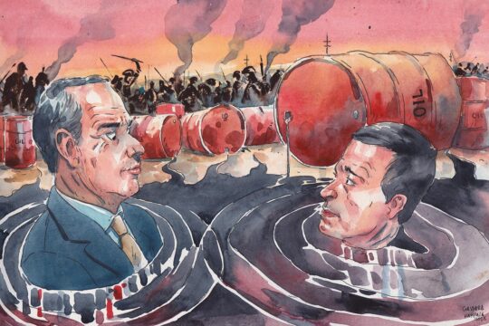 At the Lundin trial in Sweden, two former executives of the oil company are on trial for alleged complicity in war crimes committed in Sudan. Illustration: Ian Lundin and Alexandre Schneiter are drowned in a pool of oil. Conflict rages in the background.