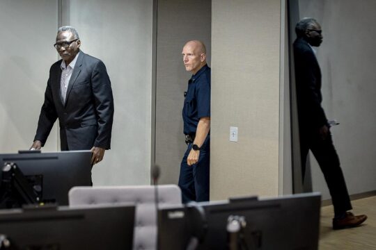 Trial at the International Criminal Court (ICC) for war crimes committed in Darfur, Sudan. Photo: Ali Muhammad Ali Abd-Al-Rahman enters the courtroom in The Hague.