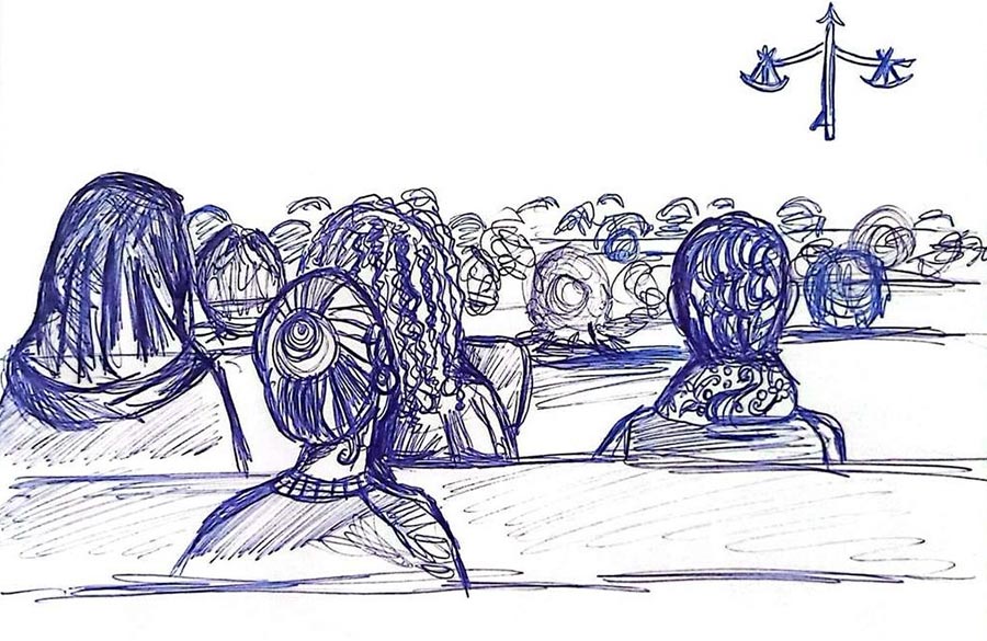 Lafarge trial (Syria/France): drawing of the courtroom (public) seen from behind.