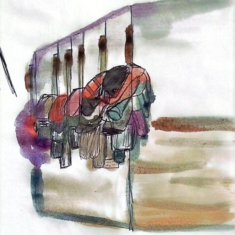 Lafarge trial in France (for crimes committed in Syria). Painting (watercolor) depicting the empty dock, where defense attorneys pile their coats.