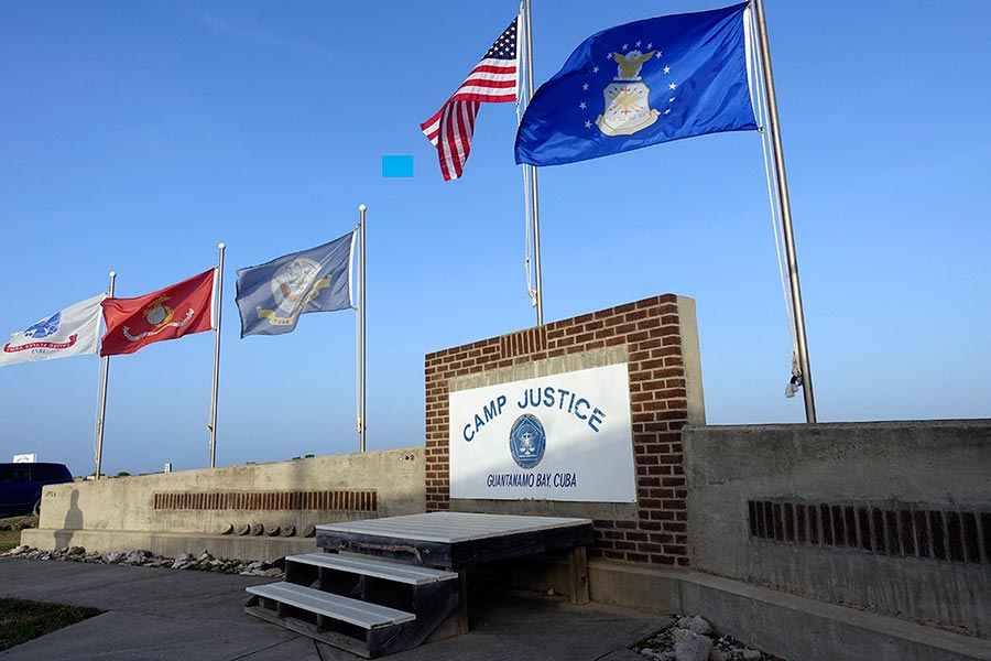 This photo screened by US Military officials on September 7, 2021 shows a sign for Camp Justice in Guantanamo Bay Naval Base, Cuba.