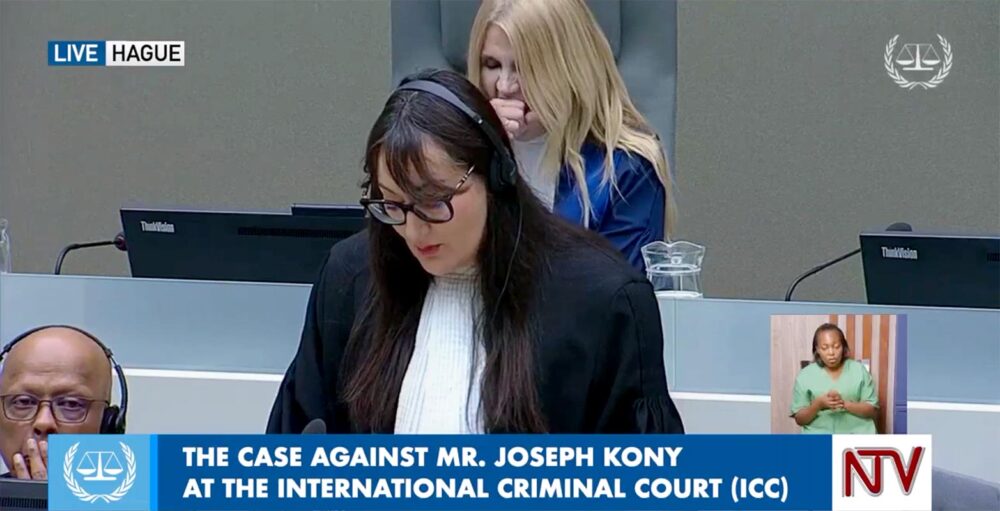 Kony case at the ICC: reflections on the value of a hearing without the accused. Photo: a lawyer speaks while a judge appears in the background.