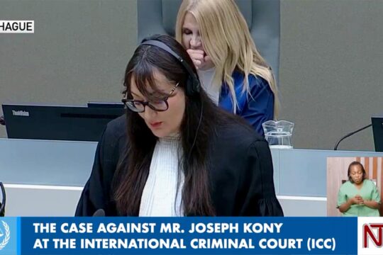Kony case at the ICC: reflections on the value of a hearing without the accused. Photo: a lawyer speaks while a judge appears in the background.