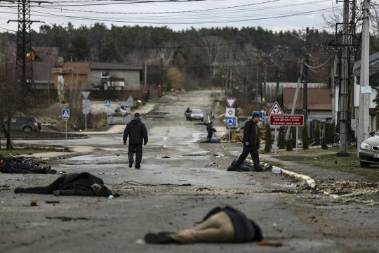 Dead bodies on Yablunska street in Bucha (Ukraine)
