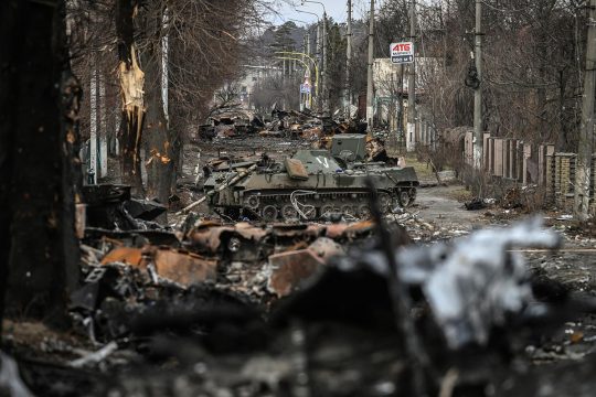 Destroyed street of Bucha, in Ukraine