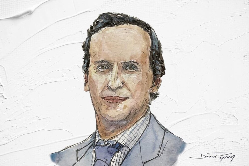 Illustration: © Benoît Peyrucq / Justice Info Portrait (drawing) of Frédéric Mégret (lawyer specialising in international law), who answers questions from Justice Info on Ukraine, the United States and international law more broadly.