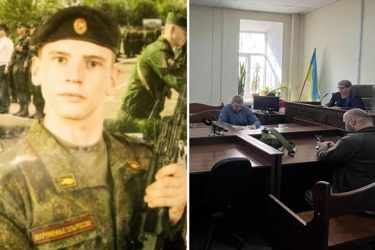 A photo montage shows the Russian soldier Serhiy Steiner (in uniform) on one side and the Ukrainian court in charge of trying him on the other side.