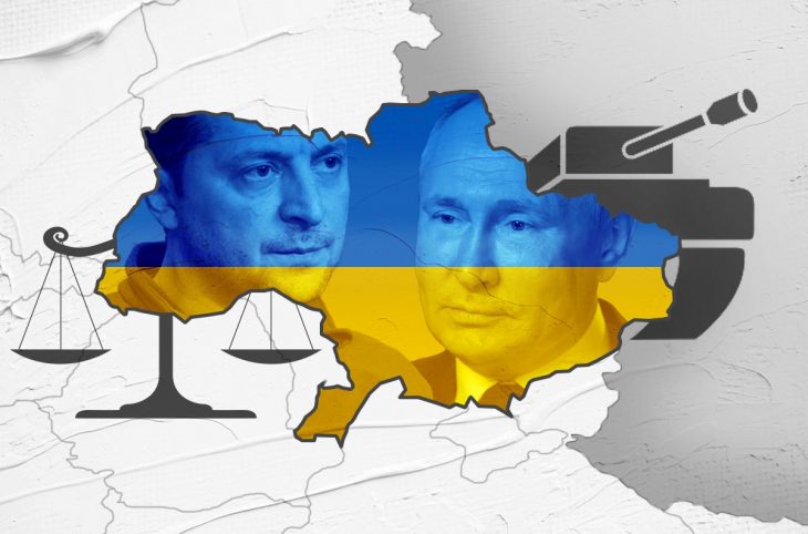 The portraits of Volodymyr Zelensky and Vladimir Putin are embedded in a map of Ukraine and the national flag