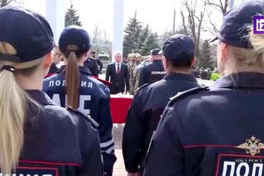 Collaborators in Ukraine - Police officers take oath in front of the Russian authorities in Ghenichesk, near Kherson (occupied zone).