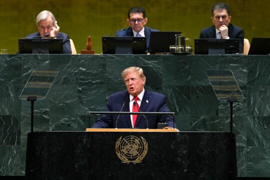 Donald Trump is delivering a speech at the United Nations (UN) headquarters in New York City, United States.