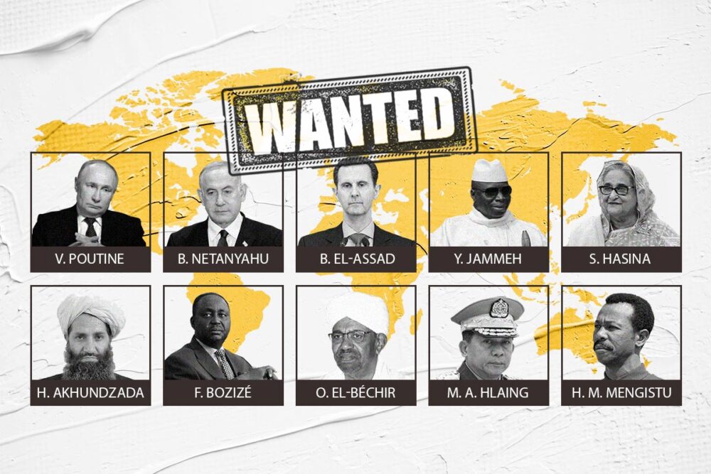 Poutine, Netanyahu, el-Assad, Jammeh, Hasina, Akhundzada, Bozizé, el-Béchir, Hlaing, Mengistu : les dix chefs d’État recherchés par la justice internationale. Illustration : portraits des 10 chefs d'État sur une carte du monde et un tampon 'wanted'.