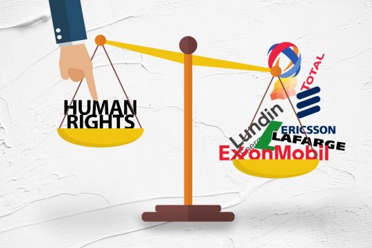 A scale whose weight tilts to one side (multiple logos of multinationals: Total, Ericsson, Lundin, Exxon Mobil, Lafarge). On the other side, the text "human rights" weighs less but a man presses on it with his fingertip.
