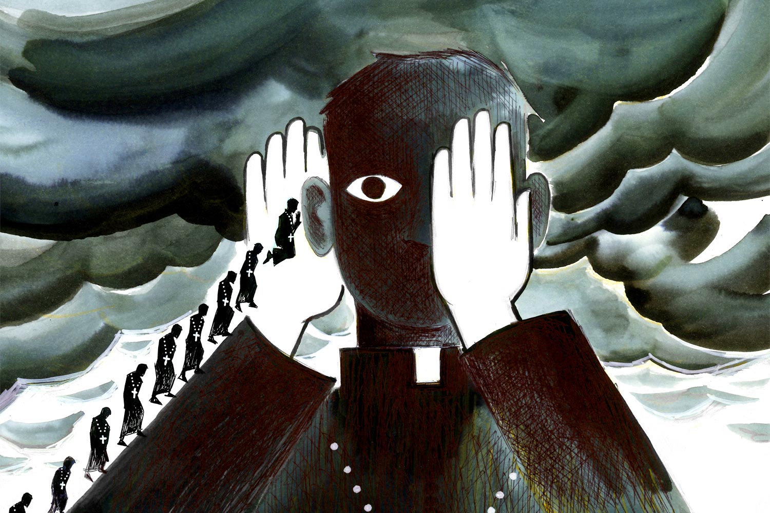 L'Eglise se confesse sur ses crimes sexuels Des religieux (en petit format) sont alignés pour se confesser tout à tour à l'oreille d'un membre de l'Eglise (en grand format) qui se cache un oeil tandis qu'il écoute d'une oreille.