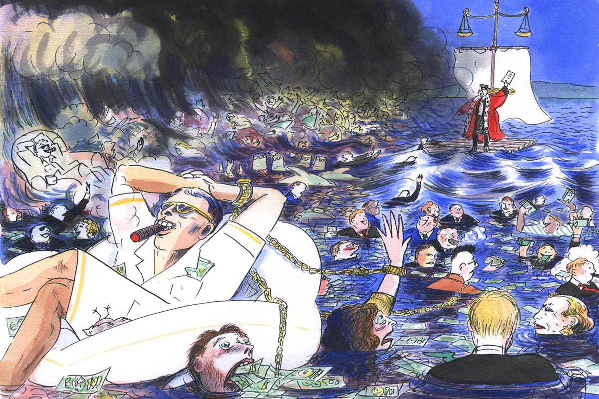 Illustration featuring businessmen and women floating on a stormy ocean. Some seem confident and others panic. In the background, a raft is floating carrying a magistrate in a robe (a mat symbolizing the scales of justice).