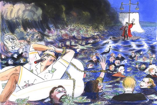 Illustration mettant en scène des hommes et femmes d'affaire flottant sur un océan déchaîné. Certains semblent confiants et d'autres paniquent. Au fond, un radeau flotte transportant un magistrat en robe (mat symolisant la balance de la justice).